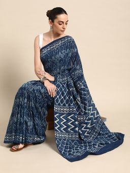 SVARCHI - Navy Blue Pure Cotton Block Print Saree with Unstitched Blouse