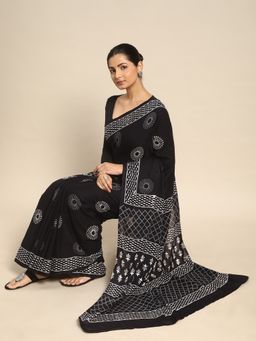 SVARCHI - Black Pure Cotton Block Print Saree with Unstitched Blouse