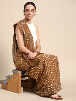 SVARCHI - Brown Pure Cotton Block Print Saree with Unstitched Blouse