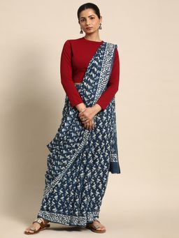 SVARCHI - Navy Blue Pure Cotton Block Print Saree with Unstitched Blouse