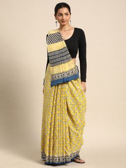 SVARCHI - Yellow Pure Cotton Block Print Saree with Unstitched Blouse