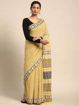 SVARCHI - Yellow Pure Cotton Block Print Saree with Unstitched Blouse