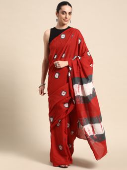 SVARCHI - Red Pure Cotton Block Print Saree with Unstitched Blouse