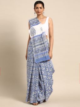 SVARCHI - Blue Pure Cotton Block Print Saree with Unstitched Blouse
