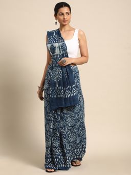 SVARCHI - Navy Blue Pure Cotton Block Print Saree with Unstitched Blouse