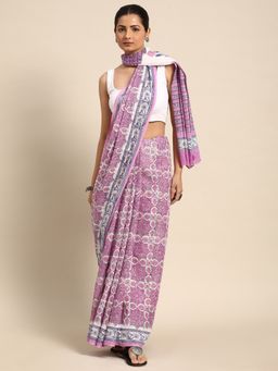 SVARCHI - Pink Pure Cotton Block Print Saree with Unstitched Blouse