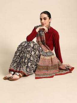 SVARCHI - Black Pure Cotton Block Print Saree with Unstitched Blouse
