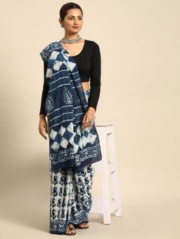 SVARCHI - Indigo Blue Pure Cotton Block Print Saree with Unstitched Blouse