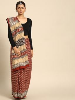 SVARCHI - Rust Pure Cotton Block Print Saree with Unstitched Blouse
