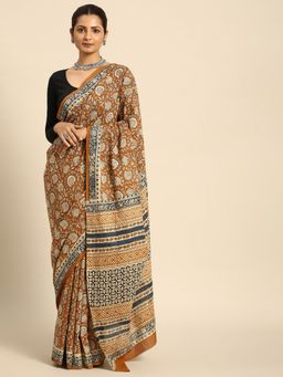 SVARCHI - Mustard Blue Pure Cotton Block Print Saree with Unstitched Blouse