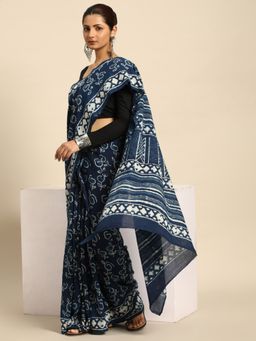SVARCHI - Indigo Blue Pure Cotton Block Print Saree with Unstitched Blouse