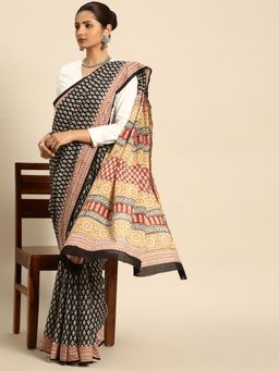 SVARCHI - Black Red Pure Cotton Block Print Saree with Unstitched Blouse