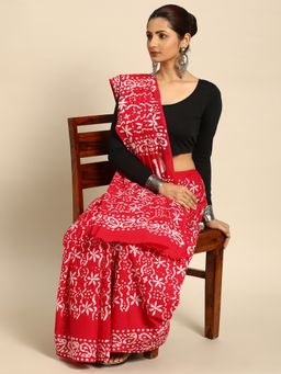 SVARCHI - Red White Pure Cotton Block Print Saree with Unstitched Blouse