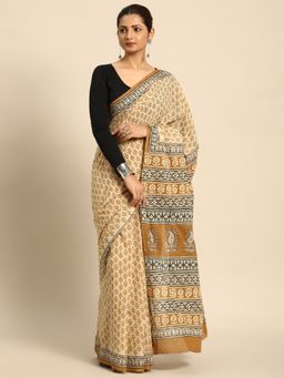SVARCHI - Mustard Beige Pure Cotton Block Print Saree with Unstitched Blouse