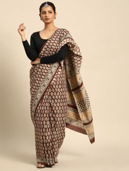 SVARCHI - Brown Mustard Pure Cotton Block Print Saree with Unstitched Blouse