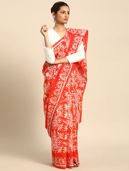 SVARCHI - Orange White Pure Cotton Block Print Saree with Unstitched Blouse