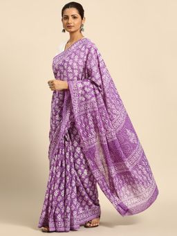 SVARCHI - Purple White Pure Cotton Block Print Saree with Unstitched Blouse