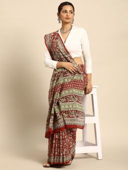 SVARCHI - Red Green Pure Cotton Block Print Saree with Unstitched Blouse