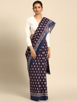 SVARCHI - Blue Red Pure Cotton Block Print Saree with Unstitched Blouse