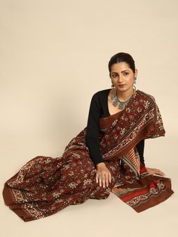 SVARCHI - Brown Red Pure Cotton Block Print Saree with Unstitched Blouse