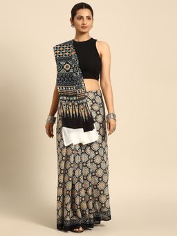SVARCHI - Black Grey Pure Cotton Block Print Saree with Unstitched Blouse