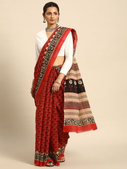 SVARCHI - Red Black Pure Cotton Block Print Saree with Unstitched Blouse