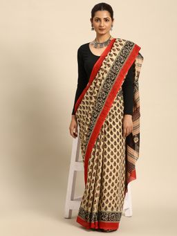 SVARCHI - Beige Red Black Pure Cotton Block Print Saree with Unstitched Blouse