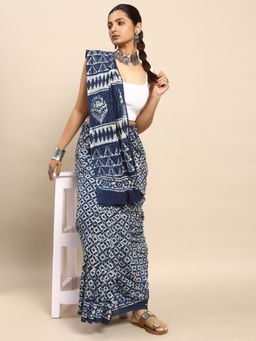 SVARCHI - Indigo Blue Pure Cotton Block Print Saree with Unstitched Blouse