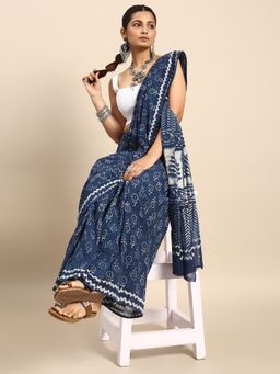 SVARCHI - Indigo Blue Pure Cotton Block Print Saree with Unstitched Blouse