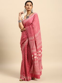 SVARCHI - Pink Pure Cotton Block Print Saree with Unstitched Blouse