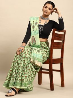 SVARCHI - Parrot Green Pure Cotton Block Print Saree with Unstitched Blouse