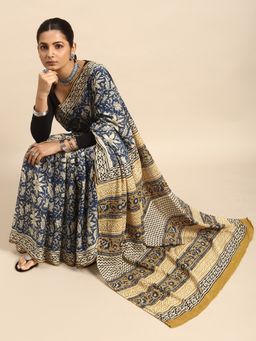 SVARCHI - Blue White Pure Cotton Block Print Saree with Unstitched Blouse