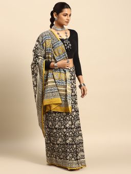 SVARCHI - Black Pure Cotton Block Print Saree with Unstitched Blouse