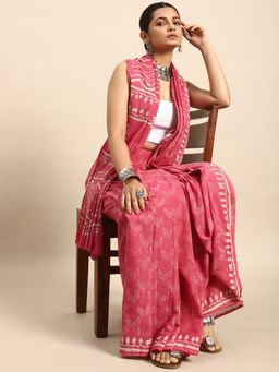 SVARCHI - Pink Pure Cotton Block Print Saree with Unstitched Blouse