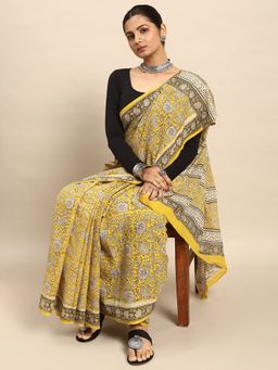SVARCHI - Yellow Pure Cotton Block Print Saree with Unstitched Blouse