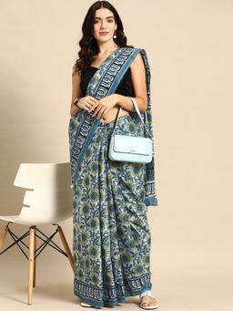 SVARCHI - Blue Pure Cotton Screen Printed Saree with Unstitched Blouse