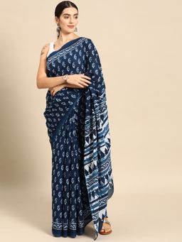 SVARCHI - Navy Blue Pure Cotton Screen Printed Saree with Unstitched Blouse