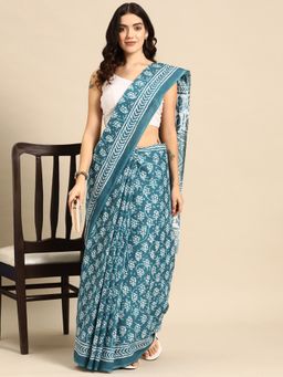 SVARCHI - Turquoise Pure Cotton Screen Printed Saree with Unstitched Blouse