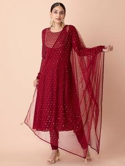 Indya - Maroon Foil Mesh Dupatta