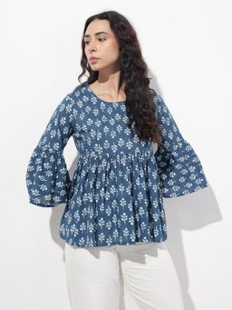 Divena - Blue Floral Round Neck Peplum Top