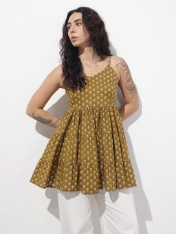 Divena - Mehendi Floral Shoulder Straps Gather Tier Peplum Top