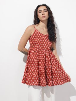 Divena - Red Floral Shoulder Straps Gather Tier Peplum Top