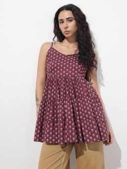 Divena - Burgundy Floral Shoulder Straps Gather Tier Peplum Top