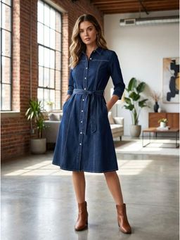 Autumnlane - Prisha Navy Denim Cotton Dress With Belt