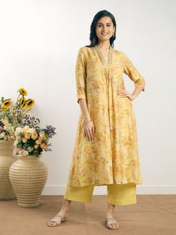 Silver Lime - Yellow V-Neck Zari Embroidered Kurta With Pant