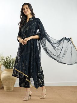 Silver Lime - Navy Blue Printed Button-Down Kurta With Pant & Dupatta