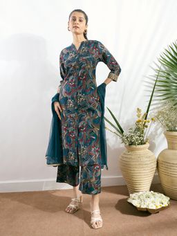 Silver Lime - Teal Printed Button-Down Kurta With Pant & Dupatta