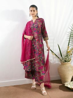Silver Lime - Pink Printed Button-Down Kurta With Pant & Dupatta