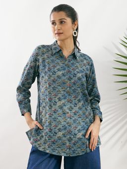 Silver Lime - Blue Viscose Printed Regular Fit Shirt