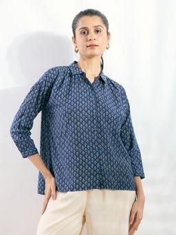 Silver Lime - Navy Blue Viscose Printed Regular Fit Shirt